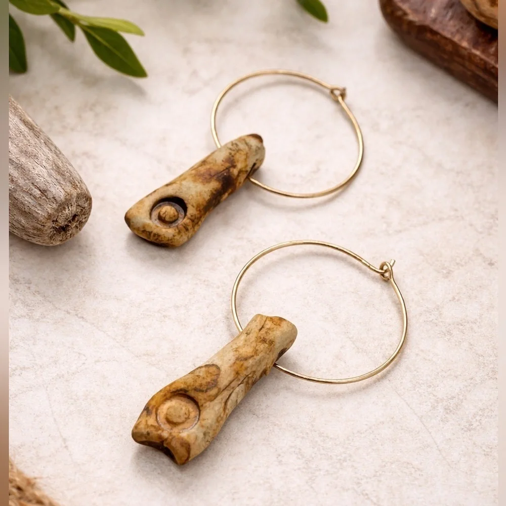 Boho Bone Drop Hoop Earrings Carved Organic Pendant Gold Tone